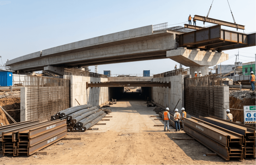 Pekerja konstruksi merakit baja struktural jembatan profil H-beam untuk proyek flyover.