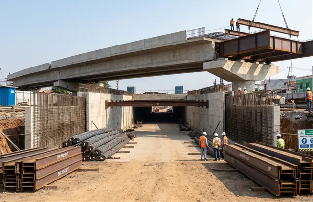 Pekerja konstruksi merakit baja struktural jembatan profil H-beam untuk proyek flyover.