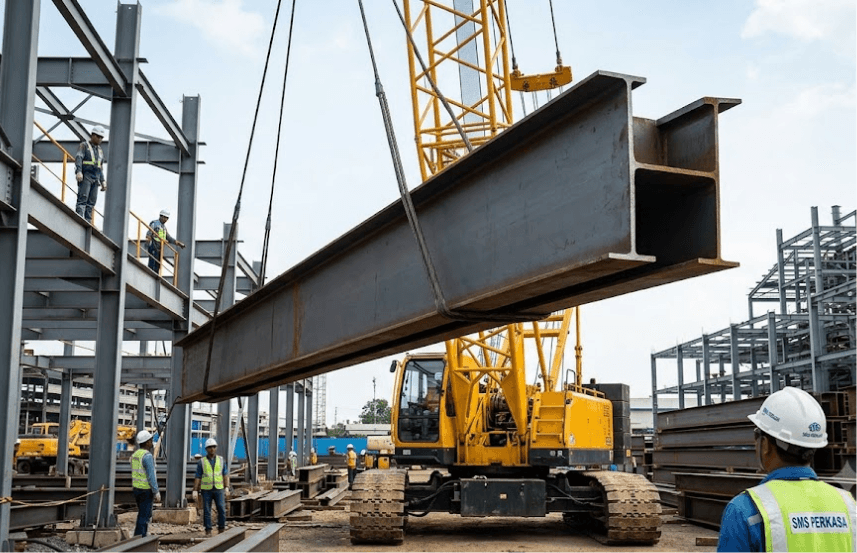 Ilustrasi proses pengangkatan heavy-duty menggunakan crane kuning besar, di mana tim logistik SMS Perkasa memastikan berat H Beam 300 diperhitungkan sebelum erection di lokasi konstruksi.