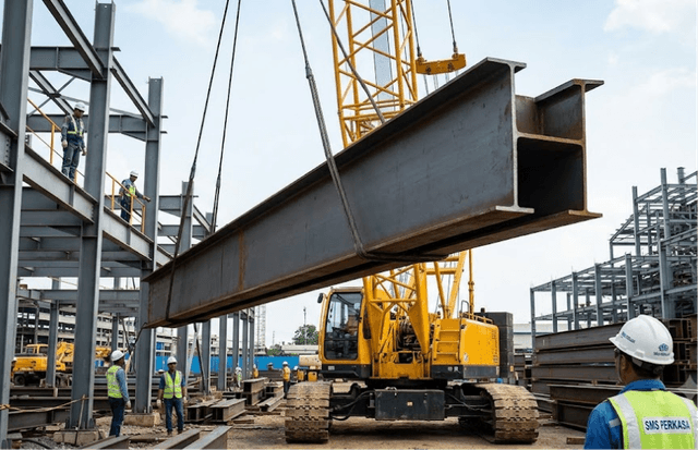 Ilustrasi proses pengangkatan heavy-duty menggunakan crane kuning besar, di mana tim logistik SMS Perkasa memastikan berat H Beam 300 diperhitungkan sebelum erection di lokasi konstruksi.