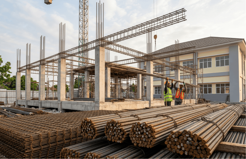 Besi beton ulir SNI yang diikat dalam bundel untuk persiapan struktur beton bertulang pada proyek bangunan sekolah.