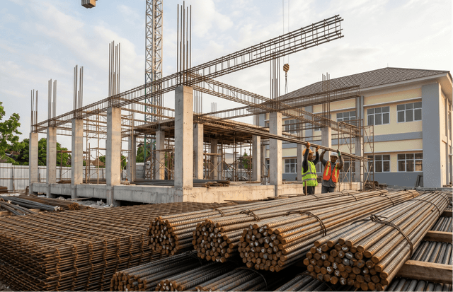 Besi beton ulir SNI yang diikat dalam bundel untuk persiapan struktur beton bertulang pada proyek bangunan sekolah.