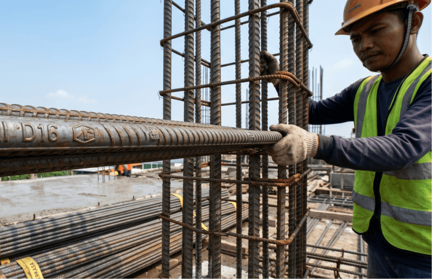 Detail ukuran fisik dan marking emboss logo SNI pada permukaan besi beton ulir D16