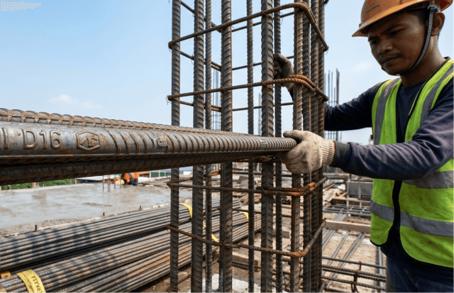 Detail ukuran fisik dan marking emboss logo SNI pada permukaan besi beton ulir D16