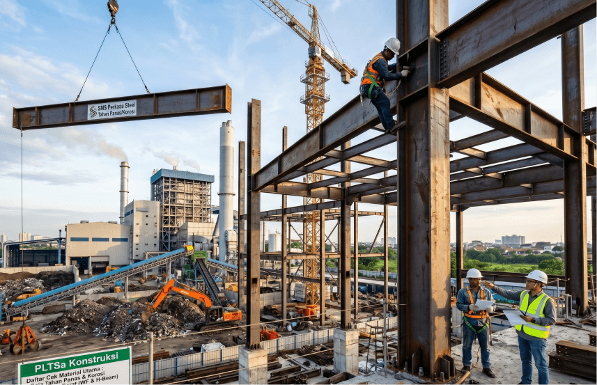 Rangka baja profil berat untuk menopang struktur utama pada proyek konstruksi PLTSa