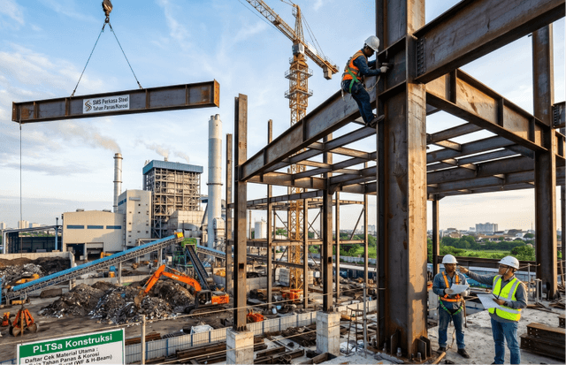 Rangka baja profil berat untuk menopang struktur utama pada proyek konstruksi PLTSa