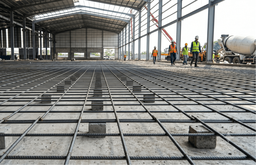 Pemasangan heavy-duty wiremesh M8 lembar berstandar SNI pada lantai beton gudang logistik untuk mencegah risiko retak rambut.