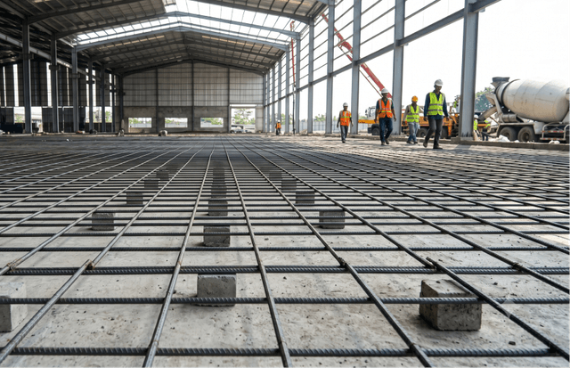 Pemasangan heavy-duty wiremesh M8 lembar berstandar SNI pada lantai beton gudang logistik untuk mencegah risiko retak rambut.