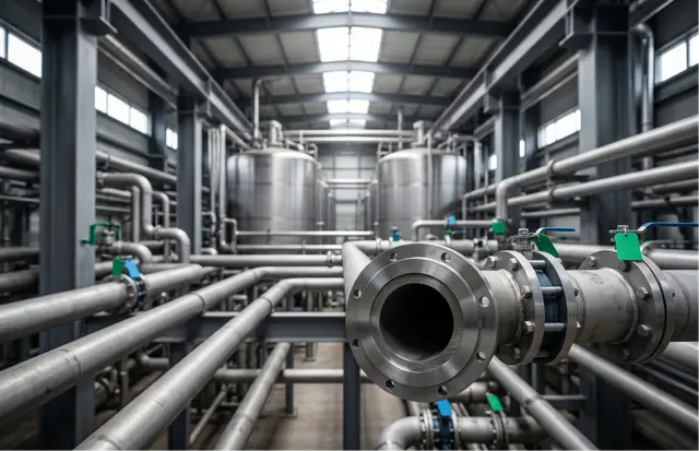 Instalasi pipa baja industri seamless dengan ketebalan schedule tinggi (SCH 80) di fasilitas pengolahan limbah cair industri.