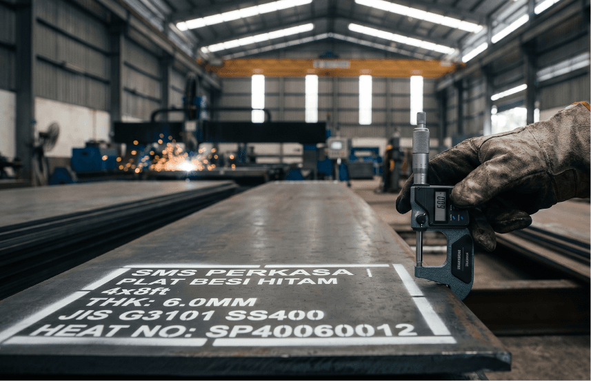 Permukaan plat besi hitam hot rolled untuk kebutuhan fabrikasi mesin industri.