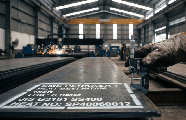 Permukaan plat besi hitam hot rolled untuk kebutuhan fabrikasi mesin industri.