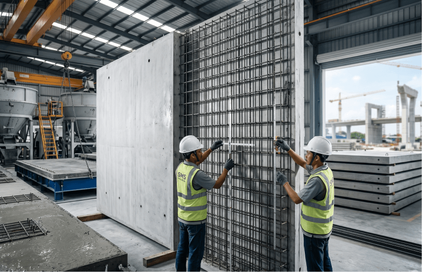 Dua pekerja pabrikasi melakukan pengukuran presisi pada susunan wiremesh yang berfungsi sebagai baja penulangan precast untuk panel dinding beton.