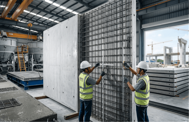 Dua pekerja pabrikasi melakukan pengukuran presisi pada susunan wiremesh yang berfungsi sebagai baja penulangan precast untuk panel dinding beton.