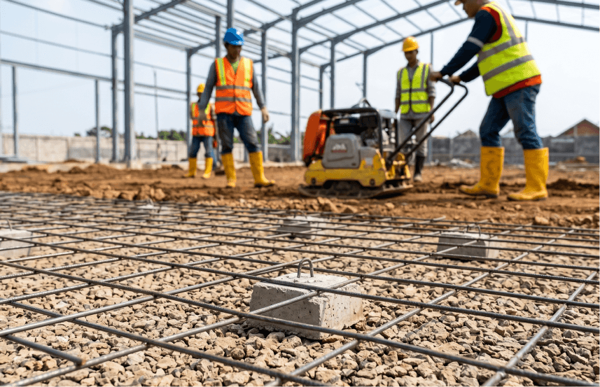 Pekerja konstruksi memadatkan tanah dasar (subgrade) menggunakan mesin compactor sebelum tahap pemasangan wiremesh pada lantai beton gudang.