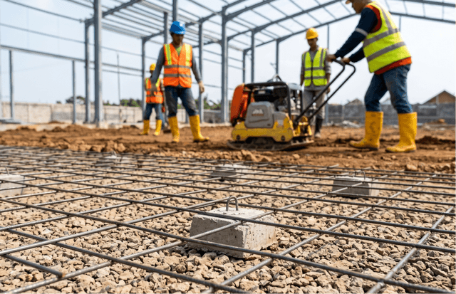Pekerja konstruksi memadatkan tanah dasar (subgrade) menggunakan mesin compactor sebelum tahap pemasangan wiremesh pada lantai beton gudang.