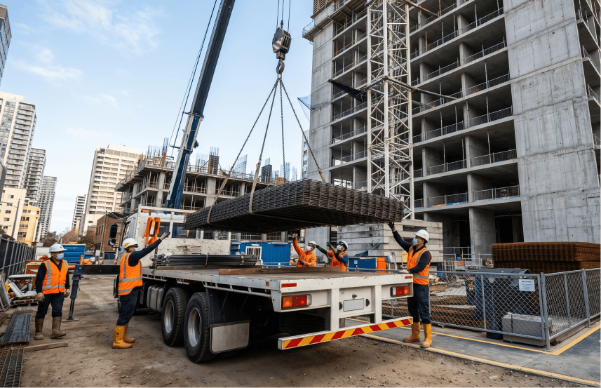 Truk pengiriman dan tower crane sedang melakukan proses bongkar muat besi wiremesh secara bertahap (staged delivery) di lokasi proyek gedung bertingkat.