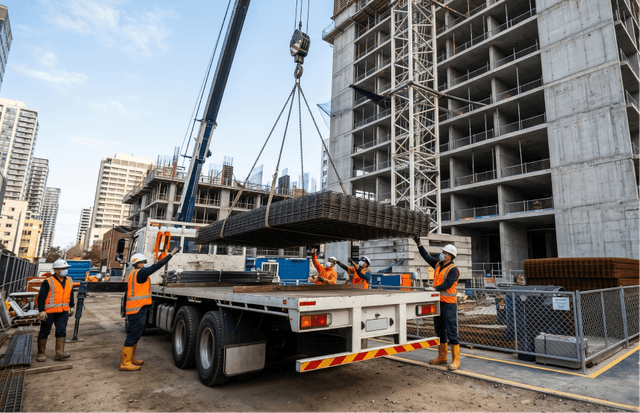 Truk pengiriman dan tower crane sedang melakukan proses bongkar muat besi wiremesh secara bertahap (staged delivery) di lokasi proyek gedung bertingkat.