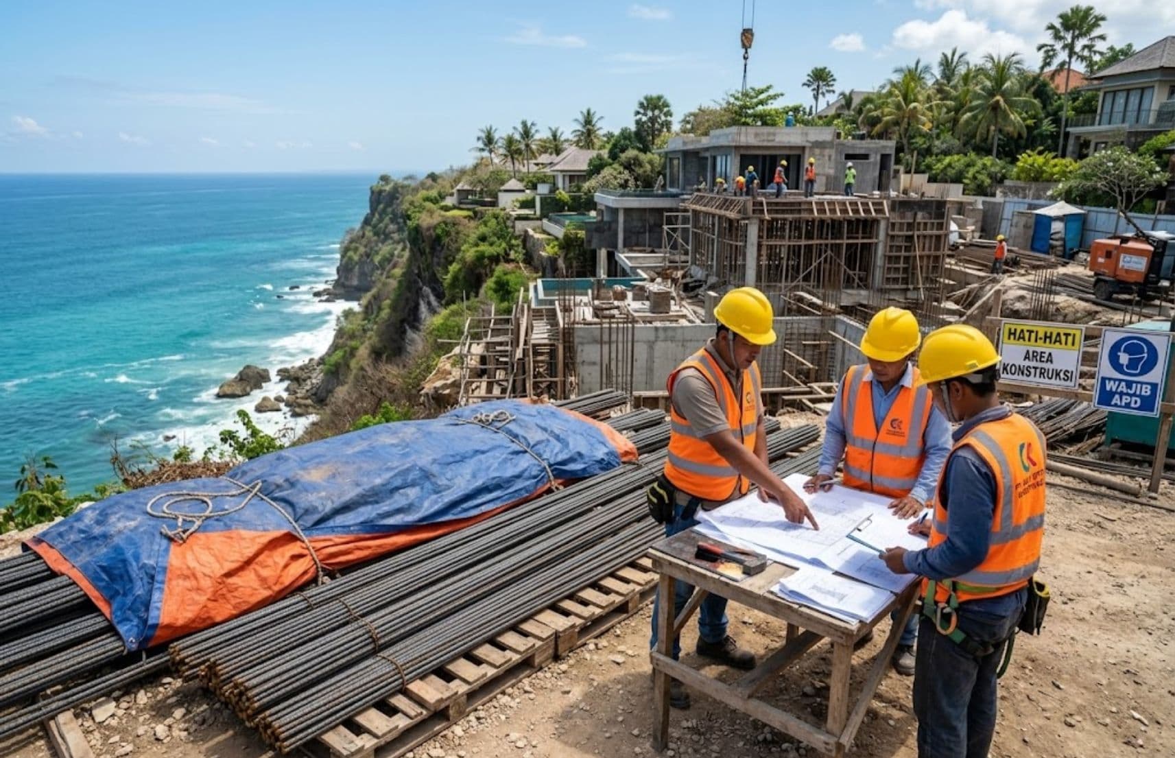 Konstruksi villa pantai di Bali dengan tumpukan besi beton SNI berpelapis anti karat untuk struktur tahan uap air laut.