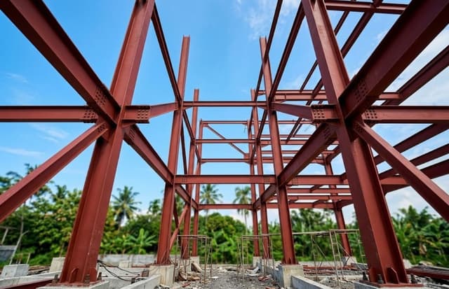 Struktur rangka baja bangunan sekolah menggunakan profil H-Beam dan WF primer anti karat.