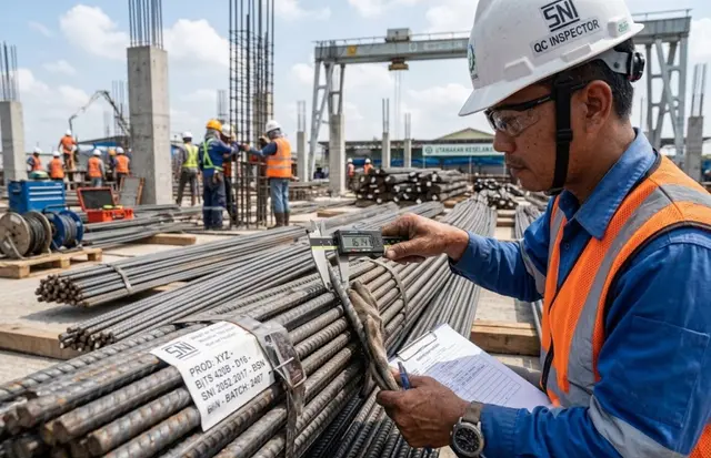 Insinyur proyek sedang memeriksa tumpukan besi beton ulir SNI untuk struktur kolom bangunan sekolah di Surabaya.