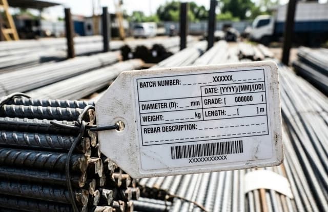 Detail label yang terpasang pada ikatan material besi beton ulir untuk memudahkan pelacakan ukuran.