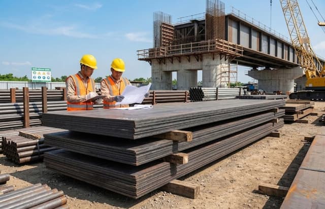 Pemeriksaan tumpukan plat besi hitam canai panas di area fabrikasi jembatan baja.