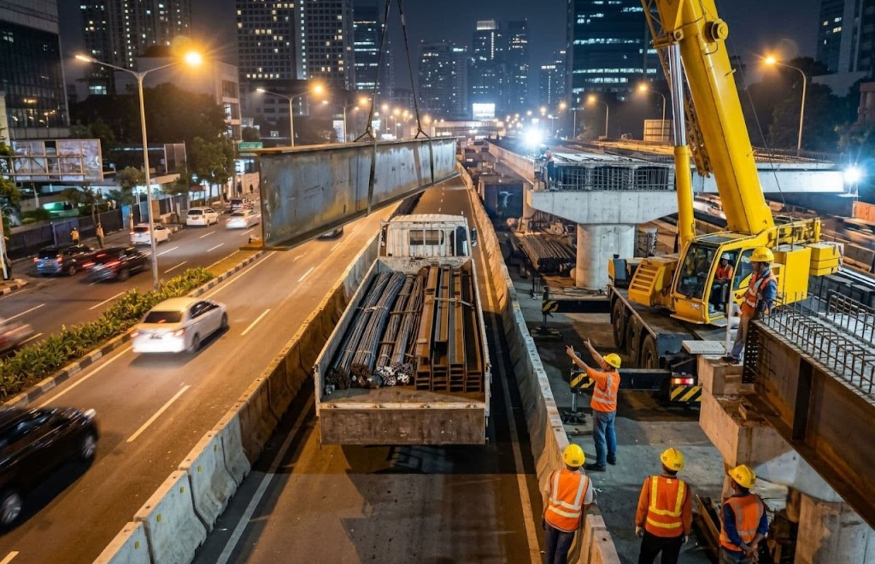Proses bongkar muat besi baja struktural menggunakan mobile crane pada proyek jembatan layang tengah kota malam hari.