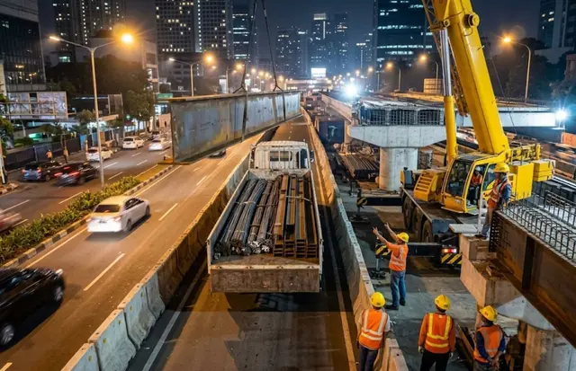 Proses bongkar muat besi baja struktural menggunakan mobile crane pada proyek jembatan layang tengah kota malam hari.