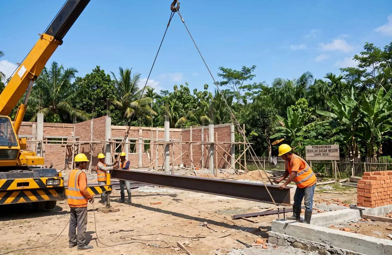 Proses erection besi WF menggunakan mobile crane pada proyek pembangunan gedung Sekolah Rakyat di Indonesia.