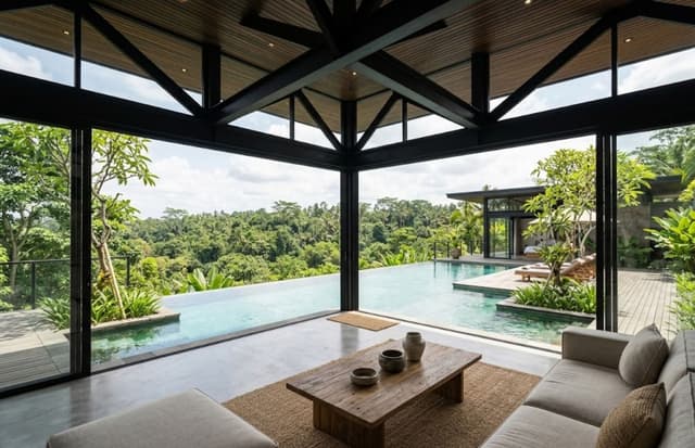 Structural H-Beam frame support for wide-span glass wall on a luxury tropical villa in Bali Indonesia.