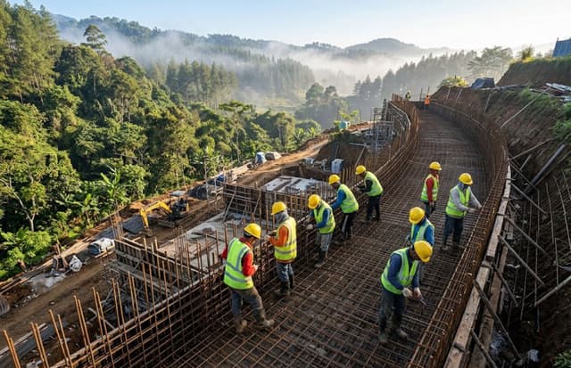 Pekerja konstruksi merakit struktur pondasi besi beton tahan gempa untuk villa di lahan kontur miring.