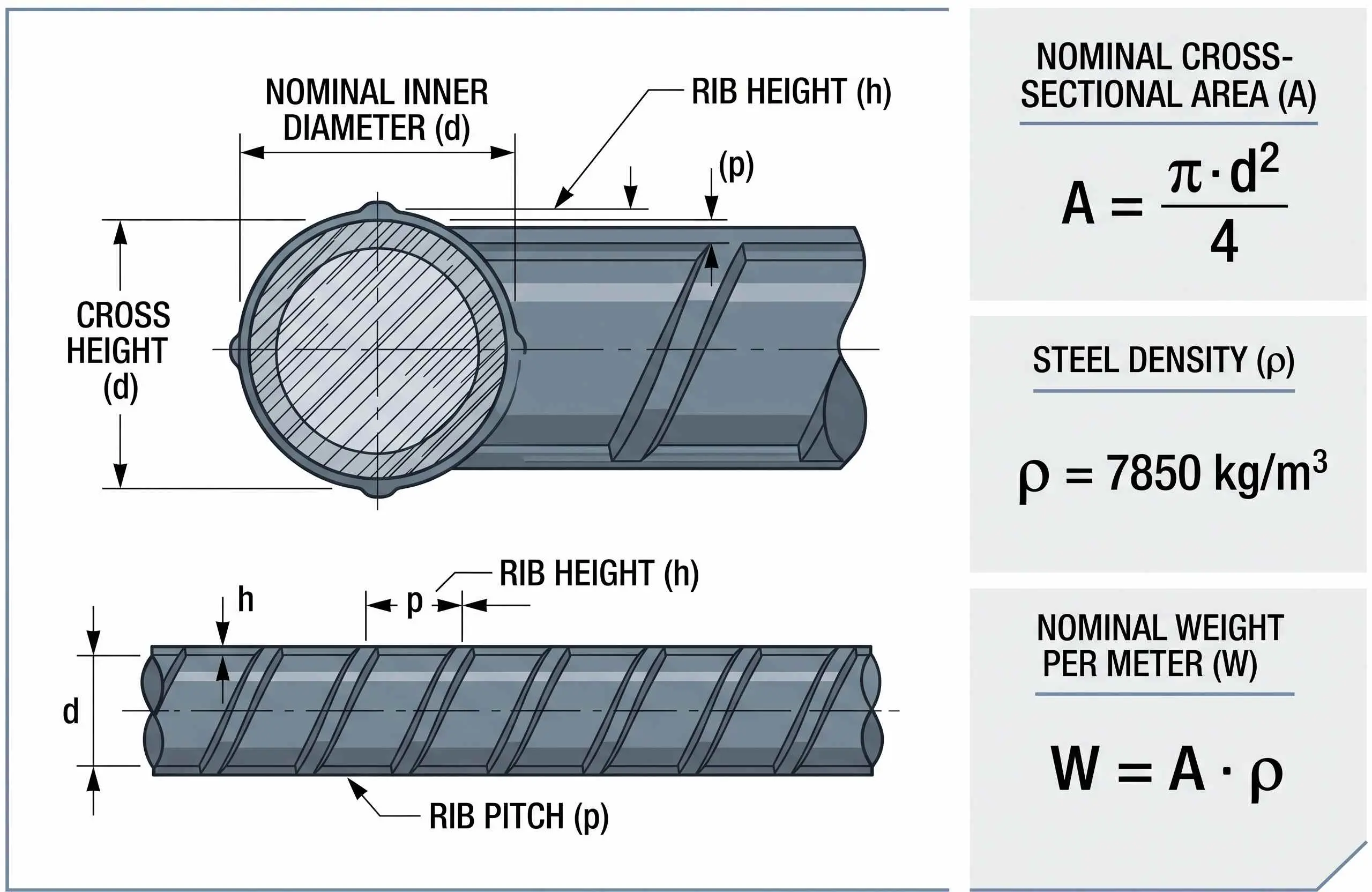 Diagram penampang besi beton ulir beserta rumus perhitungan berat jenis baja 7850 kg per m3