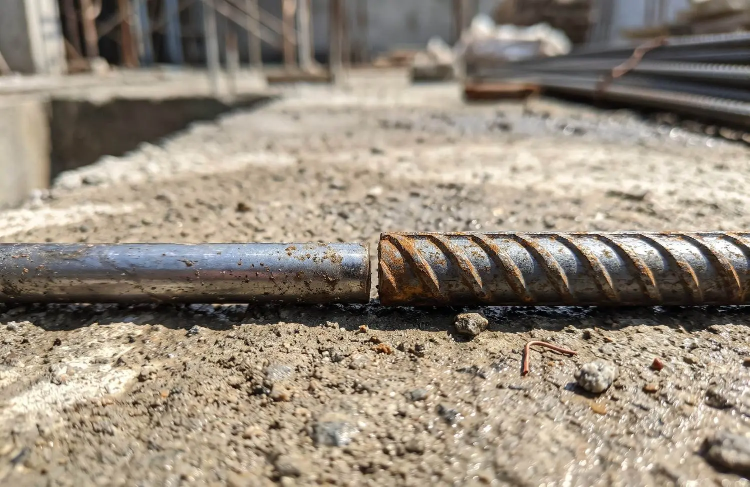 Perbedaan fisik permukaan besi beton 8mm polos dan besi beton 10mm ulir di lokasi proyek konstruksi.