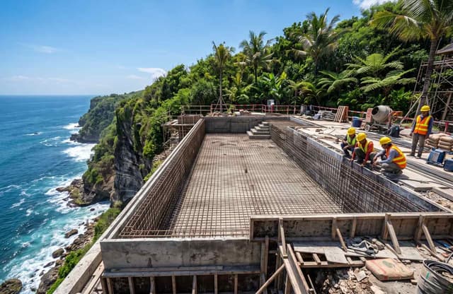 Konstruksi struktur dinding cantilever dan infinity pool villa di area tebing