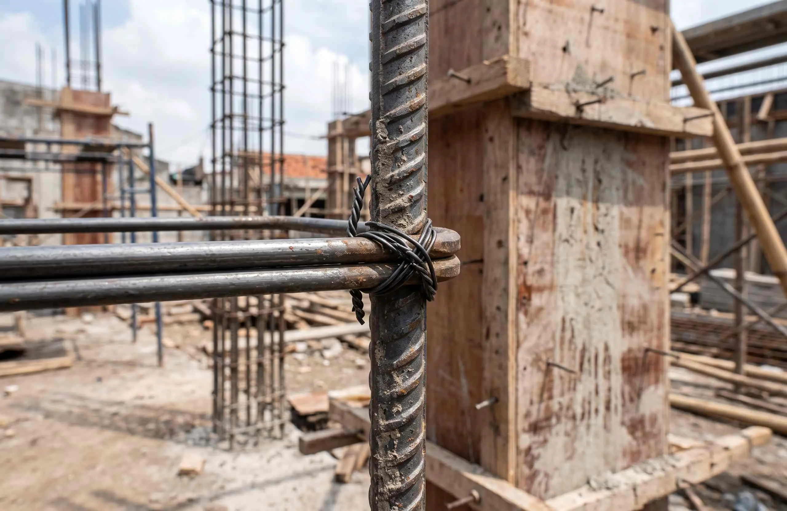 Aplikasi besi beton 8mm yang dirakit menjadi tulangan sengkang atau begel kolom