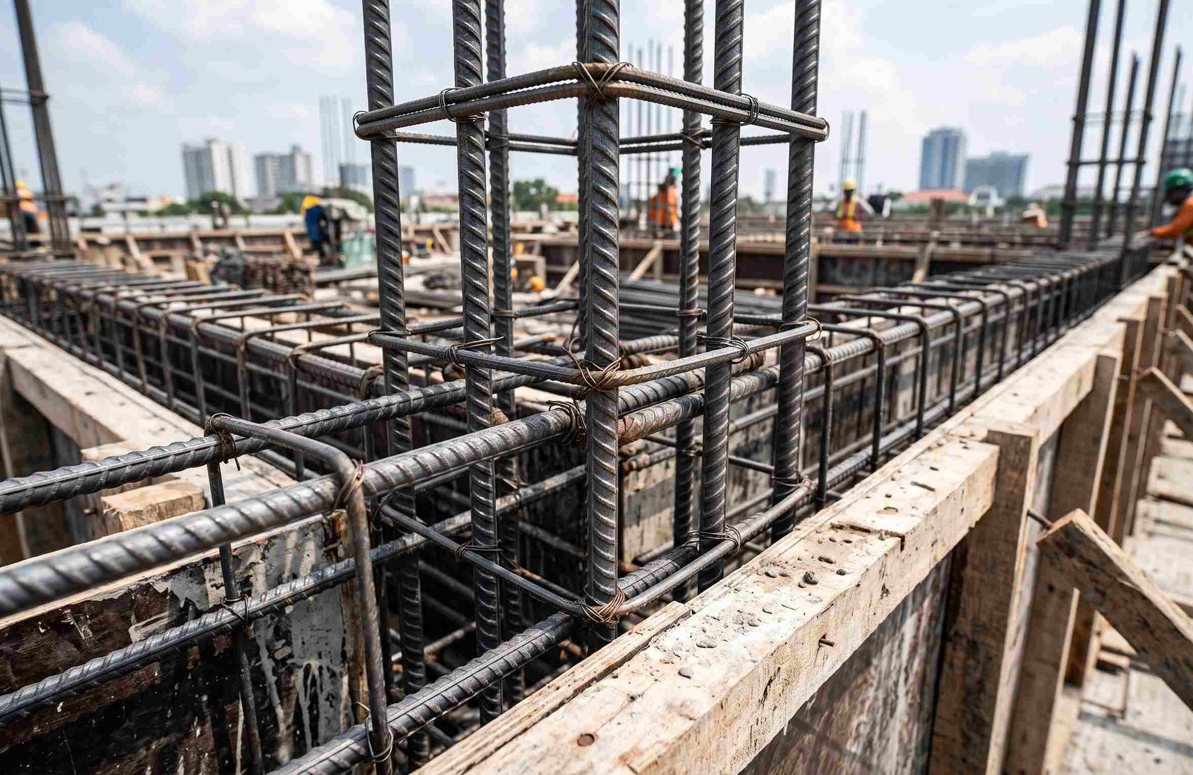 Detail ikatan besi 12mm ulir sebagai sengkang dan besi 13mm ulir sebagai tulangan utama struktur balok.
