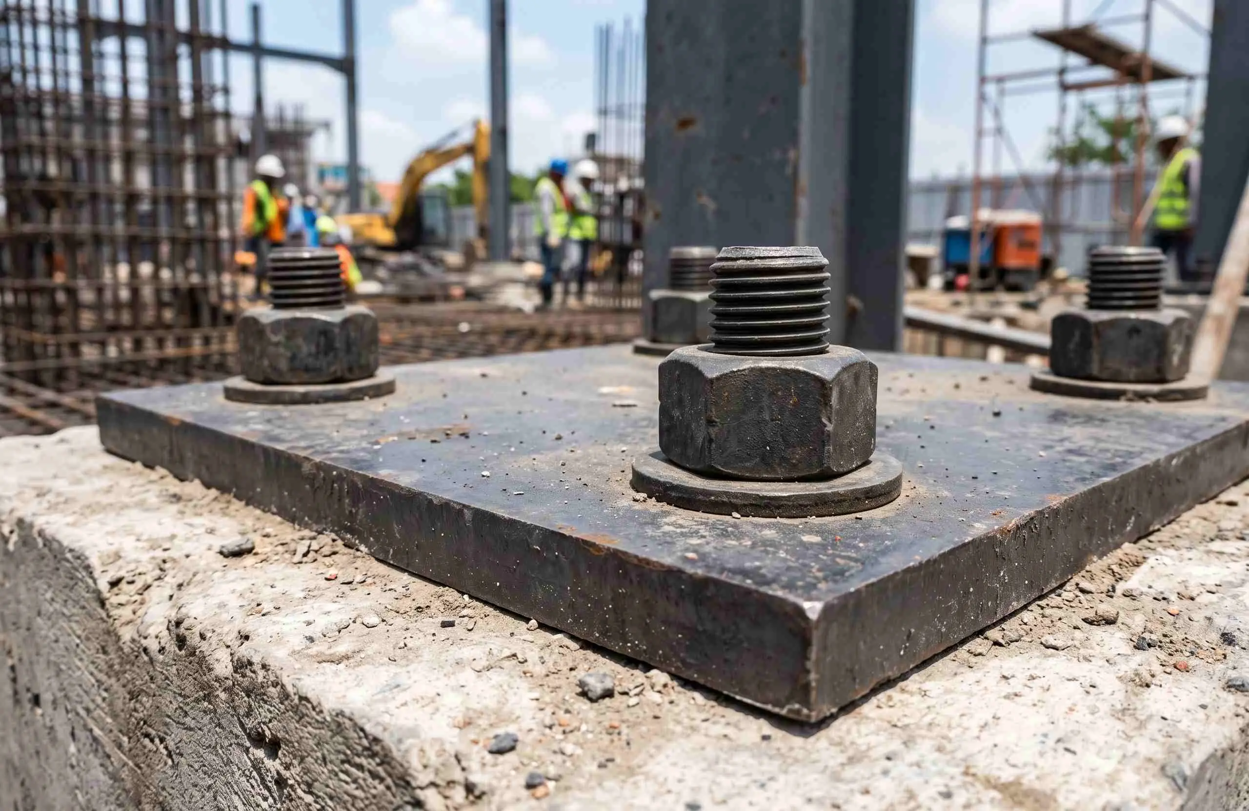 Penggunaan plat besi base plate 18mm dengan sambungan baut angkur baja struktur pada pedestal beton.
