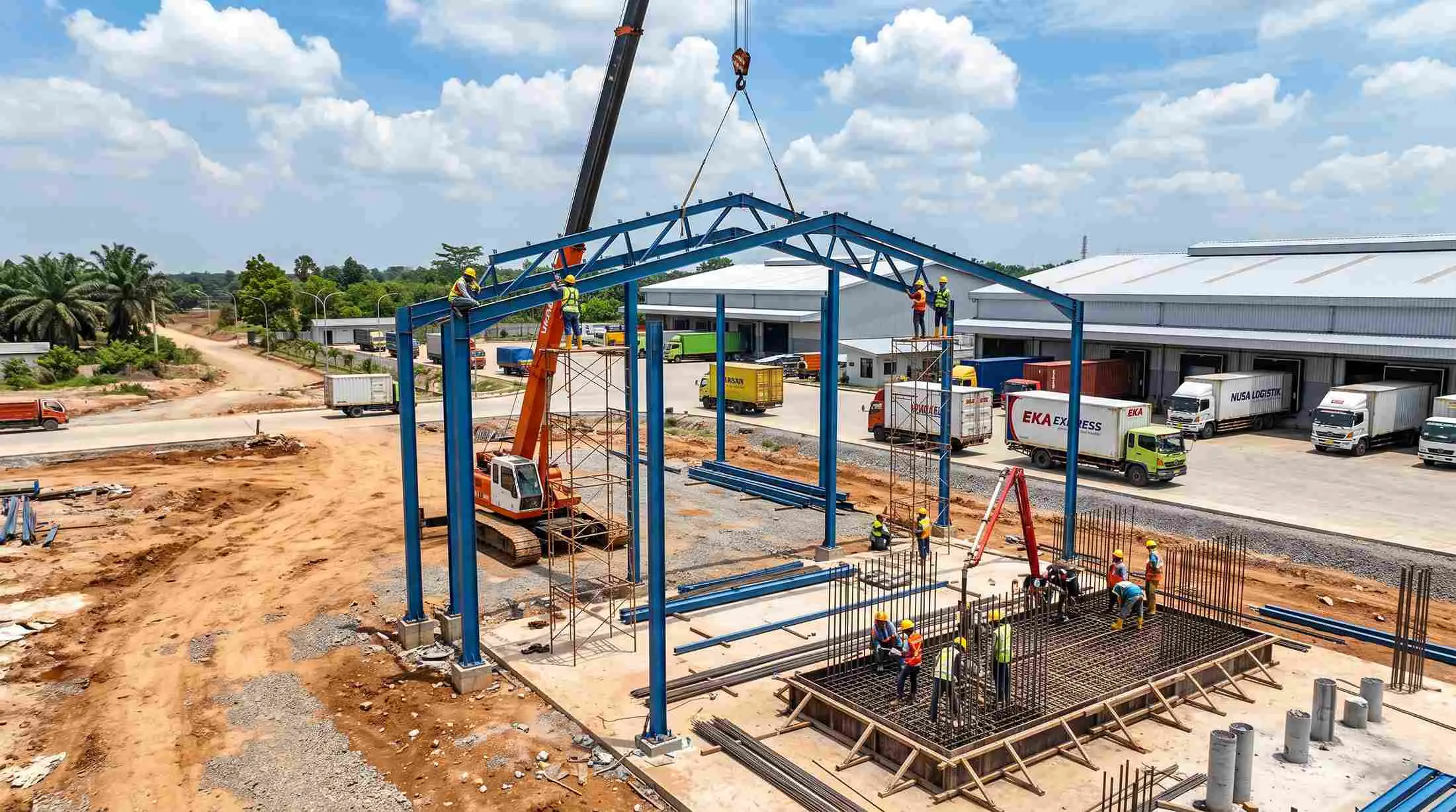 Ereksi rangka baja WF dan struktur penulangan besi beton pondasi gedung logistik KDMP Tahap 2