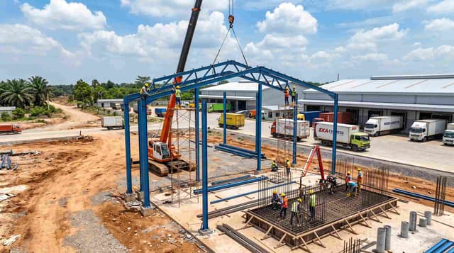 Ereksi rangka baja WF dan struktur penulangan besi beton pondasi gedung logistik KDMP Tahap 2