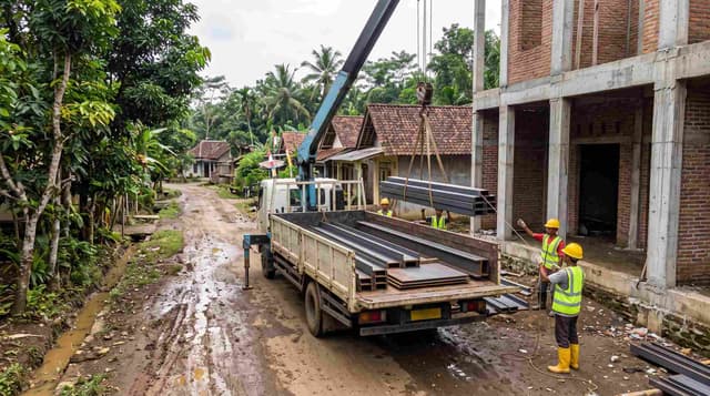 Proses pembongkaran material besi kanal C dan plat baja oleh pekerja konstruksi Indonesia di lokasi proyek perdesaan.